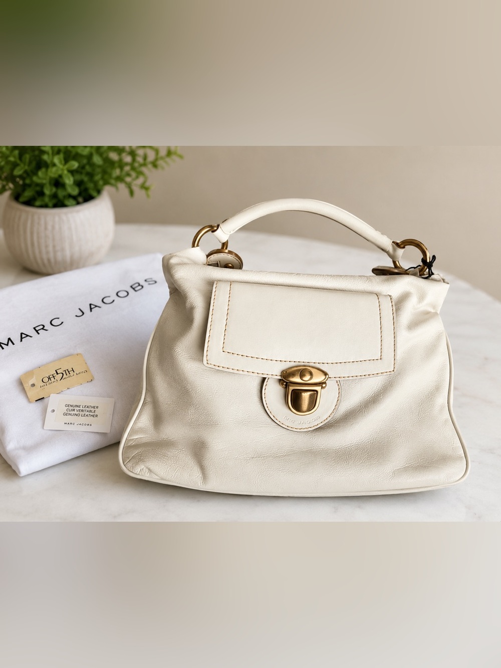 Marc Jacobs Cream Leather Backpack with Gold-Tone Turn Lock